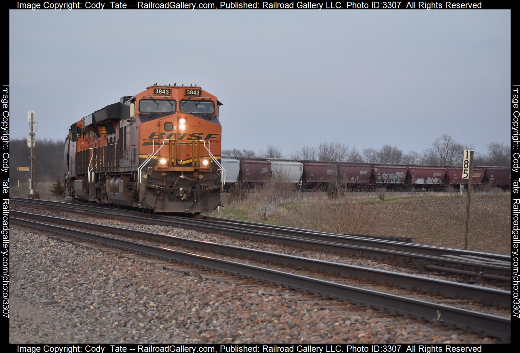 BNSF 3843 is a class ET44C4  and  is pictured in Cameron , Illinois, United States.  This was taken along the transcon subdivision  on the BNSF Railway. Photo Copyright: Cody  Tate uploaded to Railroad Gallery on 04/18/2024. This photograph of BNSF 3843 was taken on Saturday, March 30, 2024. All Rights Reserved. 